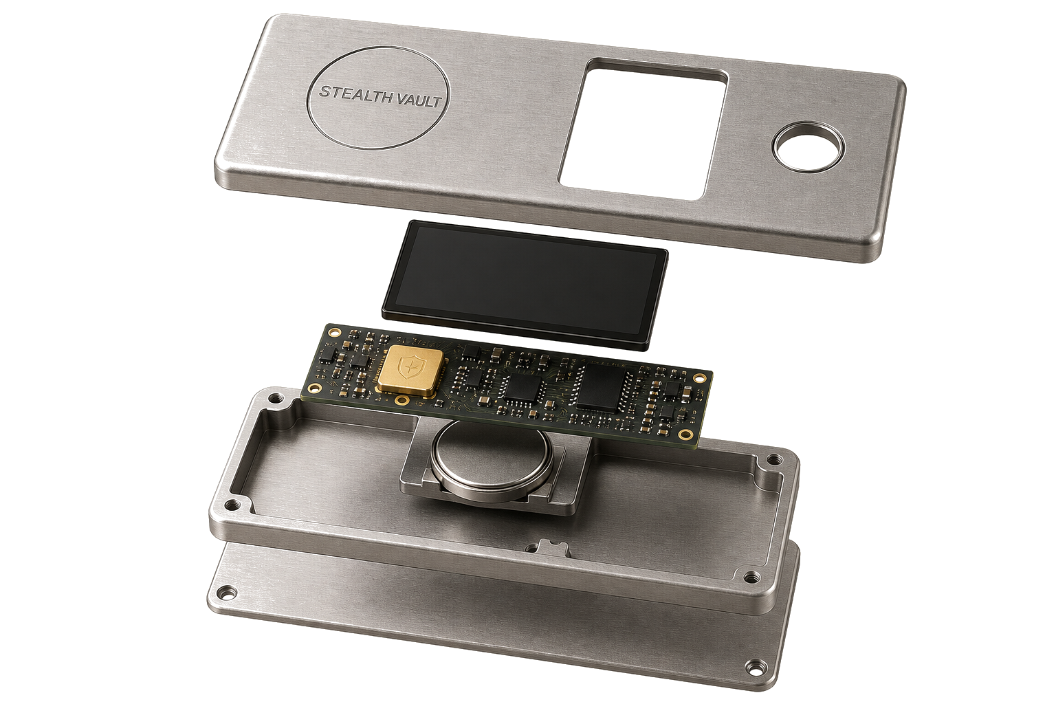 Stealth Vault device in exploded layers: aluminium faceplate, screen, circuit board, and backplate